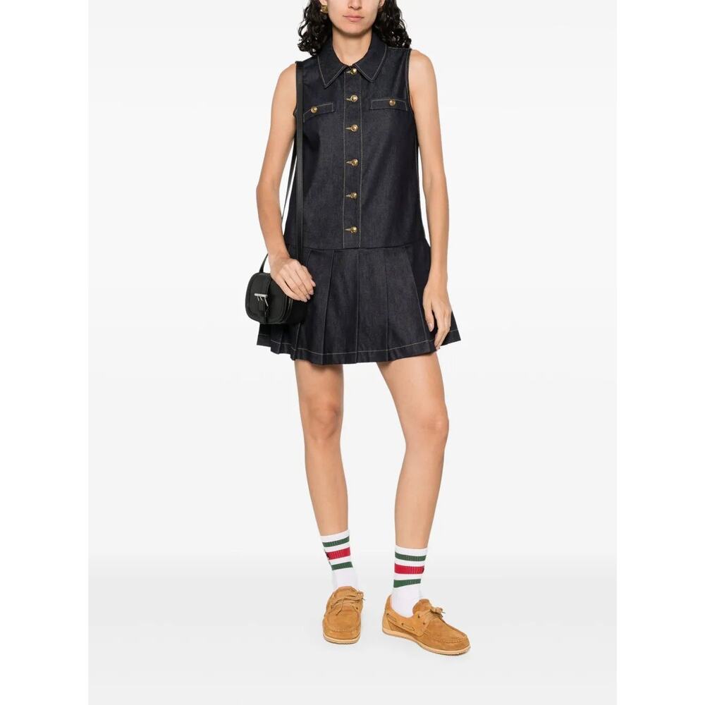 Sandro Cotton Denim Button Accent Pleated Mini Dress Black Women's Size